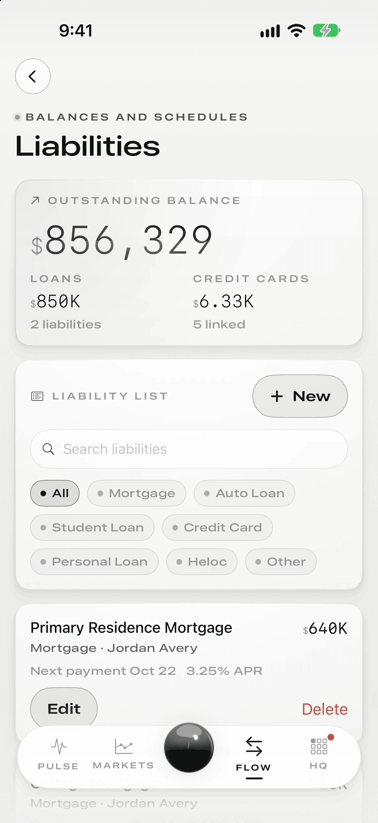 Liabilities: loans and credit cards with due dates